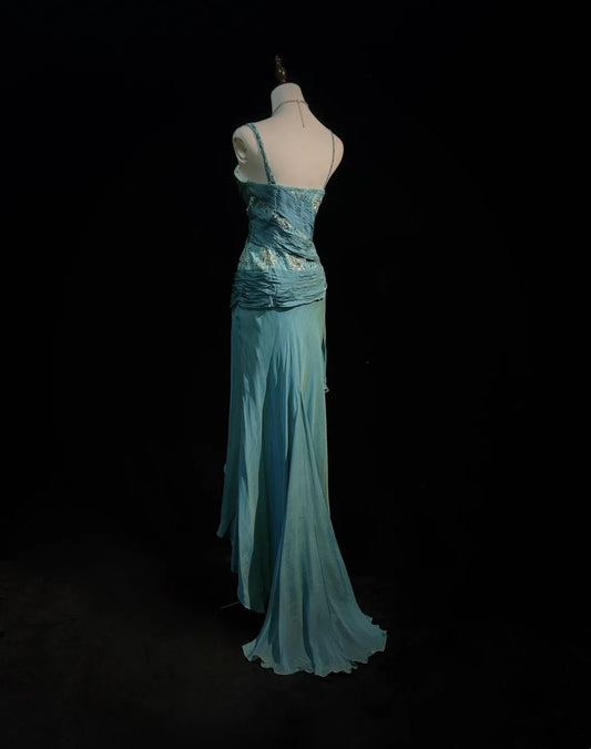 Vintage Prom Dresses A Line 2000s Spaghetti Strap Blue Chiffon With Beading Lace Long Formal Dress N2459