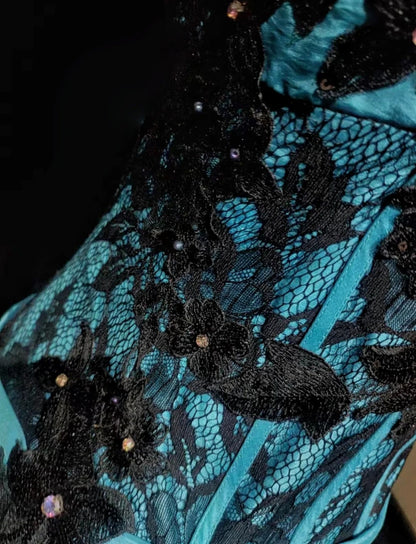 Inspiration Robes de bal vintage Sirène, licol, bleu, noir, dentelle, années 80, avec volants appliqués, robes de soirée N3362