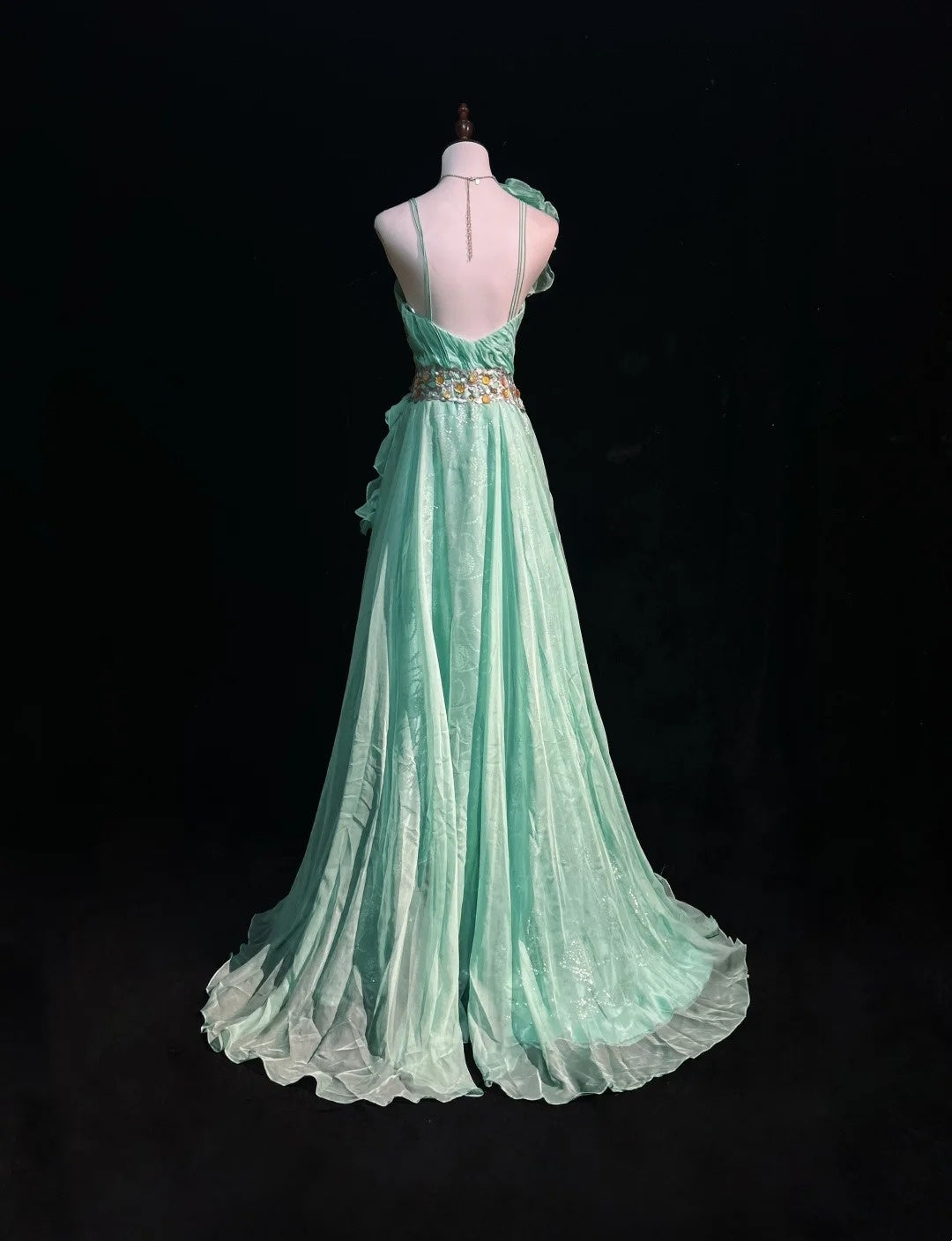 Robes de bal vintage coupe trapèze asymétriques vert menthe années 70 avec volants en mousseline longue robe de soirée formelle N2525