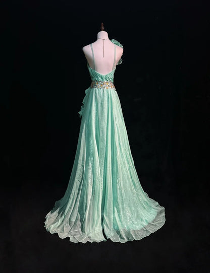 Robes de bal vintage coupe trapèze asymétriques vert menthe années 70 avec volants en mousseline longue robe de soirée formelle N2525