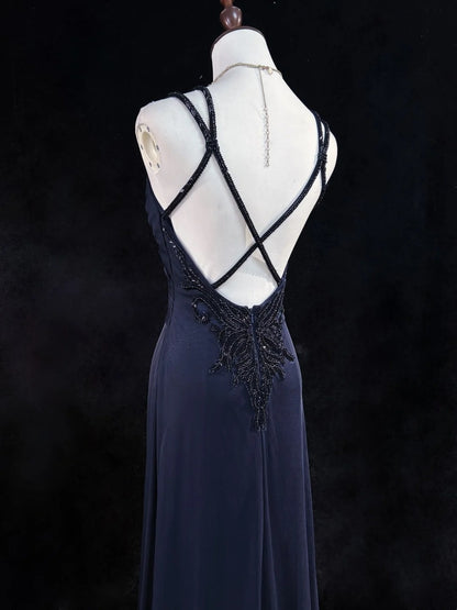 Vintage Abschlussballkleider 1980er Jahre A-Linie Spaghettiträger Satin Marineblau Lang mit Perlen Abendgarderobe N3133