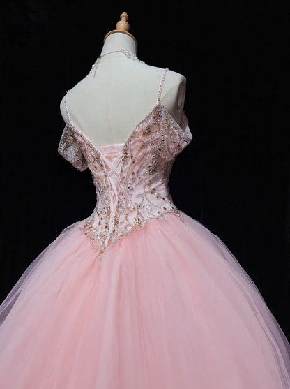 Prinzessinnen-Ballkleider Inspo Ballkleid Pink Tüll Lang mit Perlen Abendkleider N3392