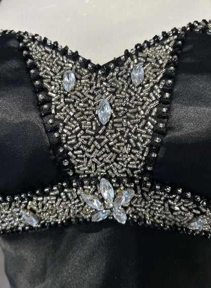 Robes de bal vintage sirène à fines bretelles en satin noir années 90 avec volants et perles longue robe de soirée formelle N2510