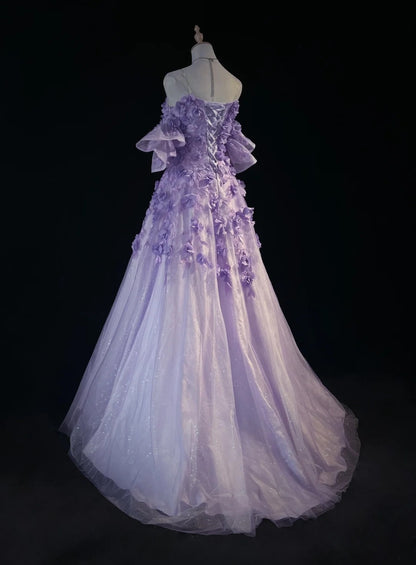 Prinzessinnen-Ballkleider, schulterfrei, fliederfarben, mit 3D-Blumen, festliche Abendmode N3894