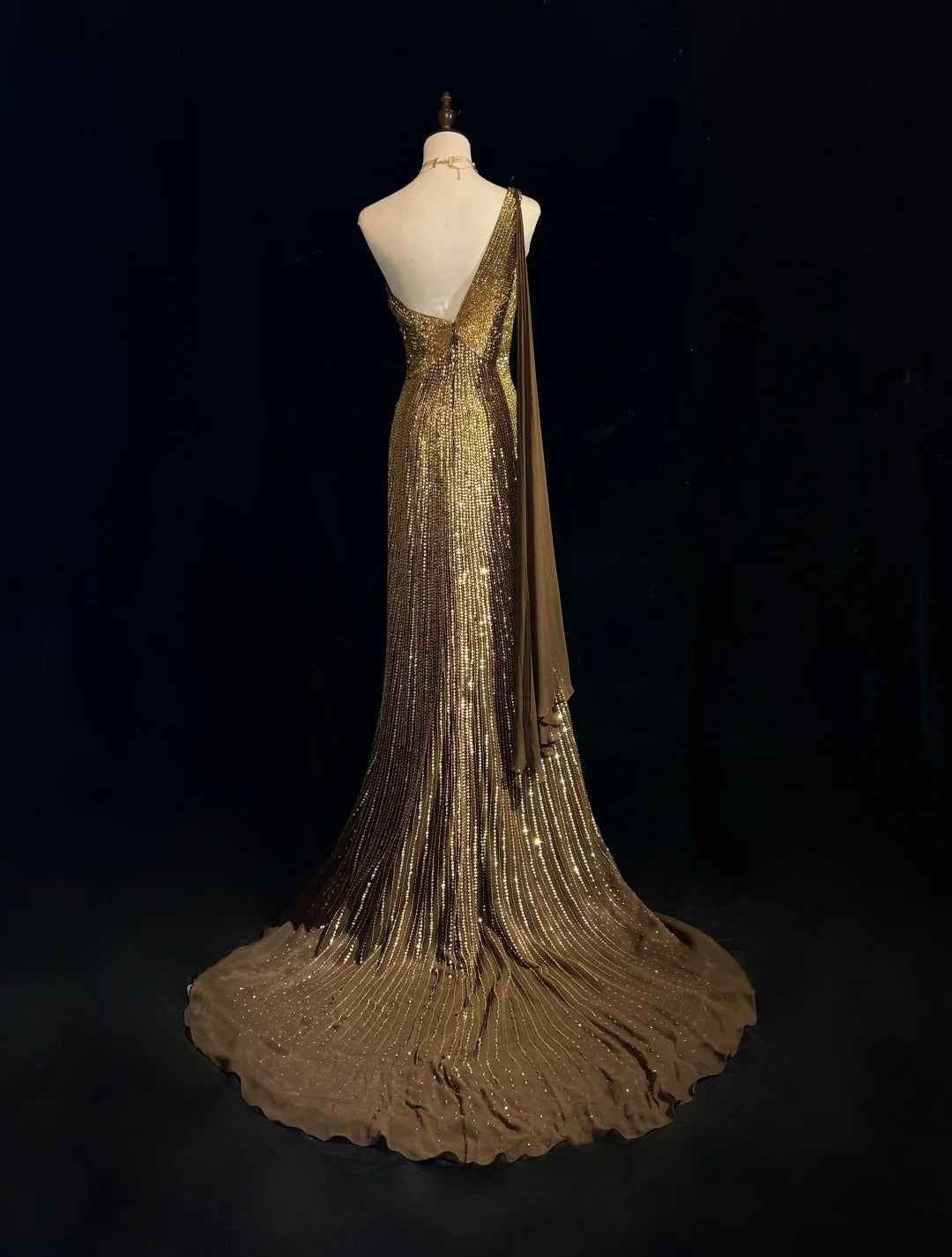 Robe de soirée sirène vintage des années 2000 à une épaule, à sequins dorés, longue robe de bal étincelante N2574