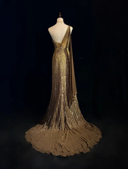 Robe de soirée sirène vintage des années 2000 à une épaule, à sequins dorés, longue robe de bal étincelante N2574