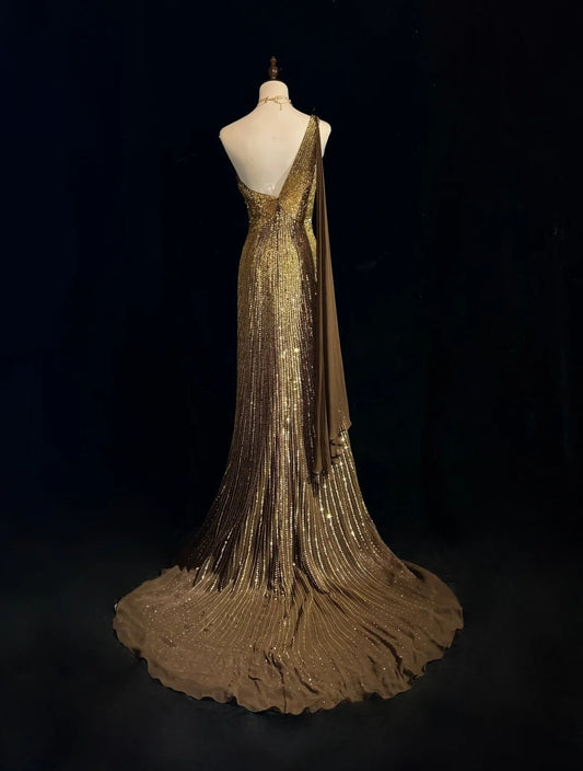 Vintage Mermaid 2000s One Shoulder Gold Sequin Formal Dress Long Sparkly Prom Dresses N2574