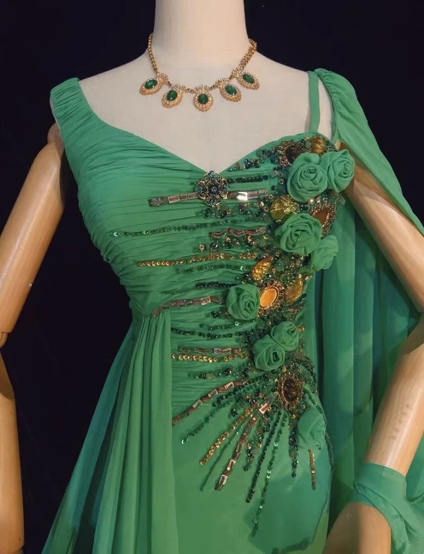 Robes de bal élégantes Inspo Sirène Mousseline Vert Avec Fleurs Perles Pour Femmes Robe de Soirée N3232