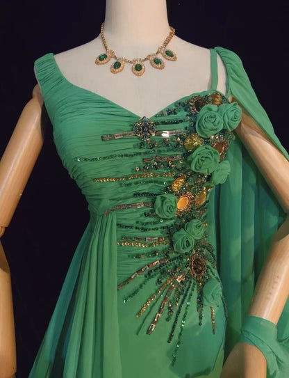 Robes de bal élégantes Inspo Sirène Mousseline Vert Avec Fleurs Perles Pour Femmes Robe de Soirée N3232
