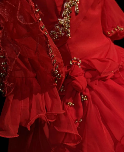 Modest Prom Dresses Ball Gown Off The Shoulder Red Tulle With Sleeves Long Quince Dress N3292