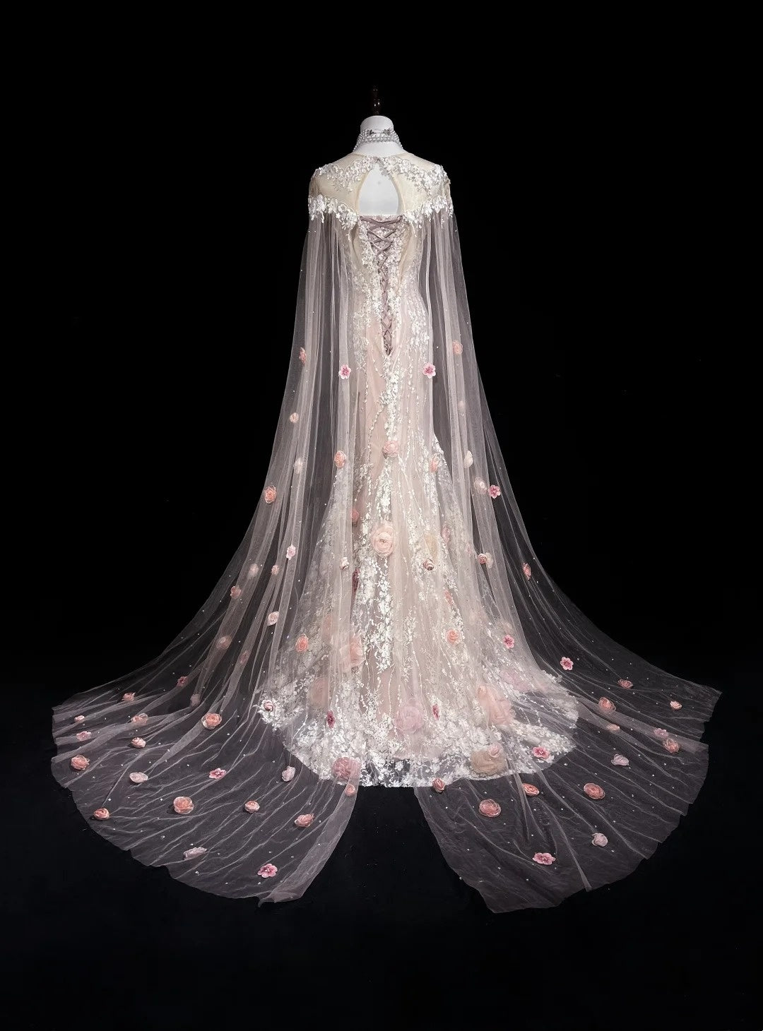 Vintage Abschlussballkleider Inspo Meerjungfrau Rundhals Rosa Spitze 1990er Mit Blumen Cape Abendkleider N3317