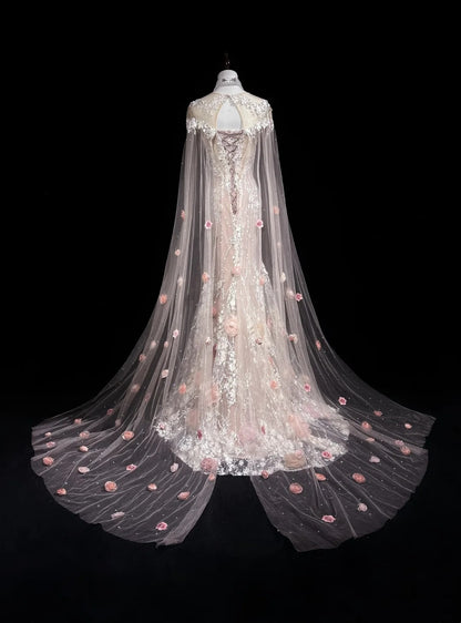 Vintage Abschlussballkleider Inspo Meerjungfrau Rundhals Rosa Spitze 1990er Mit Blumen Cape Abendkleider N3317