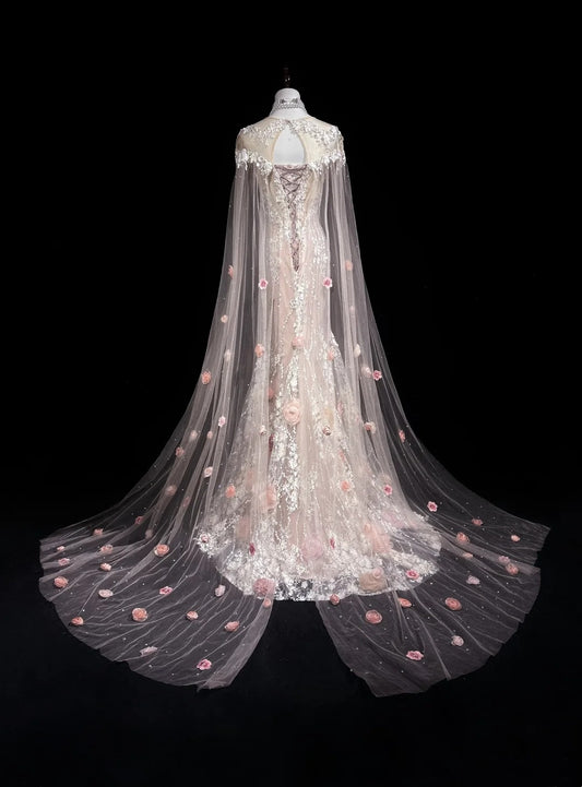 Vintage Prom Dresses Inspo Mermaid Scoop Pink Lace 1990s With Flowers Cape Formal Gowns N3317