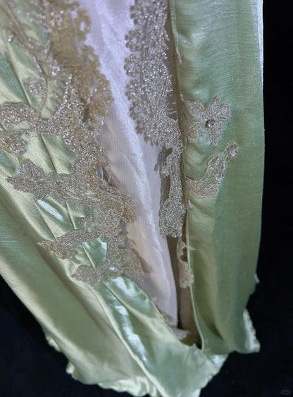Elegante Ballkleider-Inspo Meerjungfrauen-Spaghettiträger Salbeigrüner Satin mit Spitzenperlen für Damen, formelles Kleid N3230