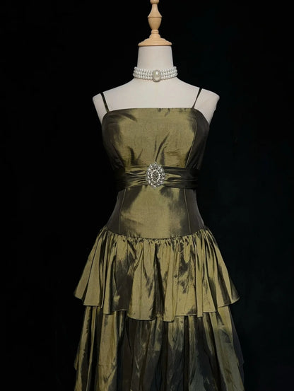 Vintage A-Linien Spaghettiträger Olivenbraunes Knielanges Partykleid Cocktailkleid Homecoming Kleider N3901
