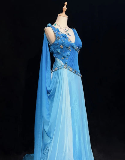 Inspiration Robes de bal Vintage Sirène Col V Bleu Royal Mousseline de Soie avec Fleurs Perles Années 80 Robe de Soirée Longue N2743
