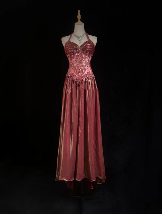Vintage Prom Dresses A line Halter Coral Sleeveless 70s With Beading Long Formal Gown N2523
