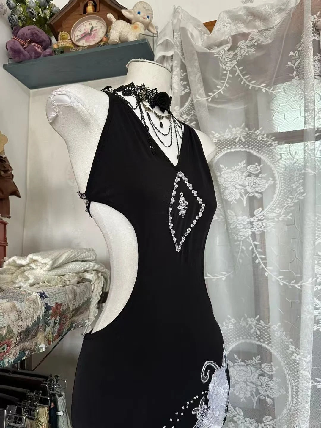 Robe de bal vintage sirène à col en V, longue en mousseline noire, inspiration robe de soirée N1989