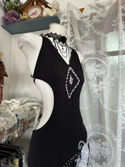 Robe de bal vintage sirène à col en V, longue en mousseline noire, inspiration robe de soirée N1989