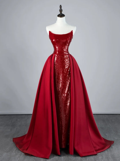 Elegantes, trägerloses Meerjungfrauen-Abendkleid in Weinrot mit Pailletten und Rüschenschleppe, N595