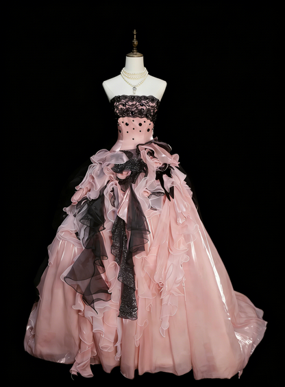Süßes Ballkleid Trägerlos Pink Tüll mit gestuften Lagen Rüschen Lange Partykleider Abschlussballkleider N2242
