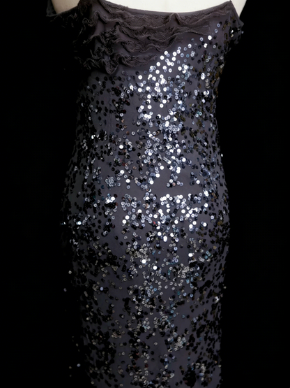 Robe de soirée sirène vintage à fines bretelles, style années 80, 70, 90, sequins gris argenté, longue, idéale pour les bals de fin d'année ou les remises de diplômes (N1145)