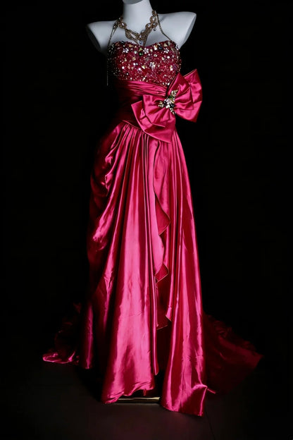 Bescheidene Abschlussballkleider A-Linie Trägerlos Hot Pink Fuchsia Langes formelles Tanzkleid N2975