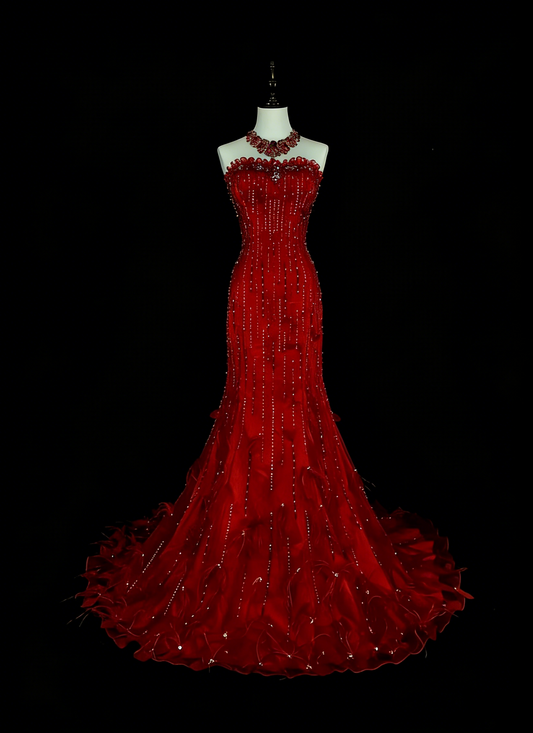 Vintage Mermaid Strapless Red 2000s With Silver Beads Prom Dresses Long Formal Party Gown N1356