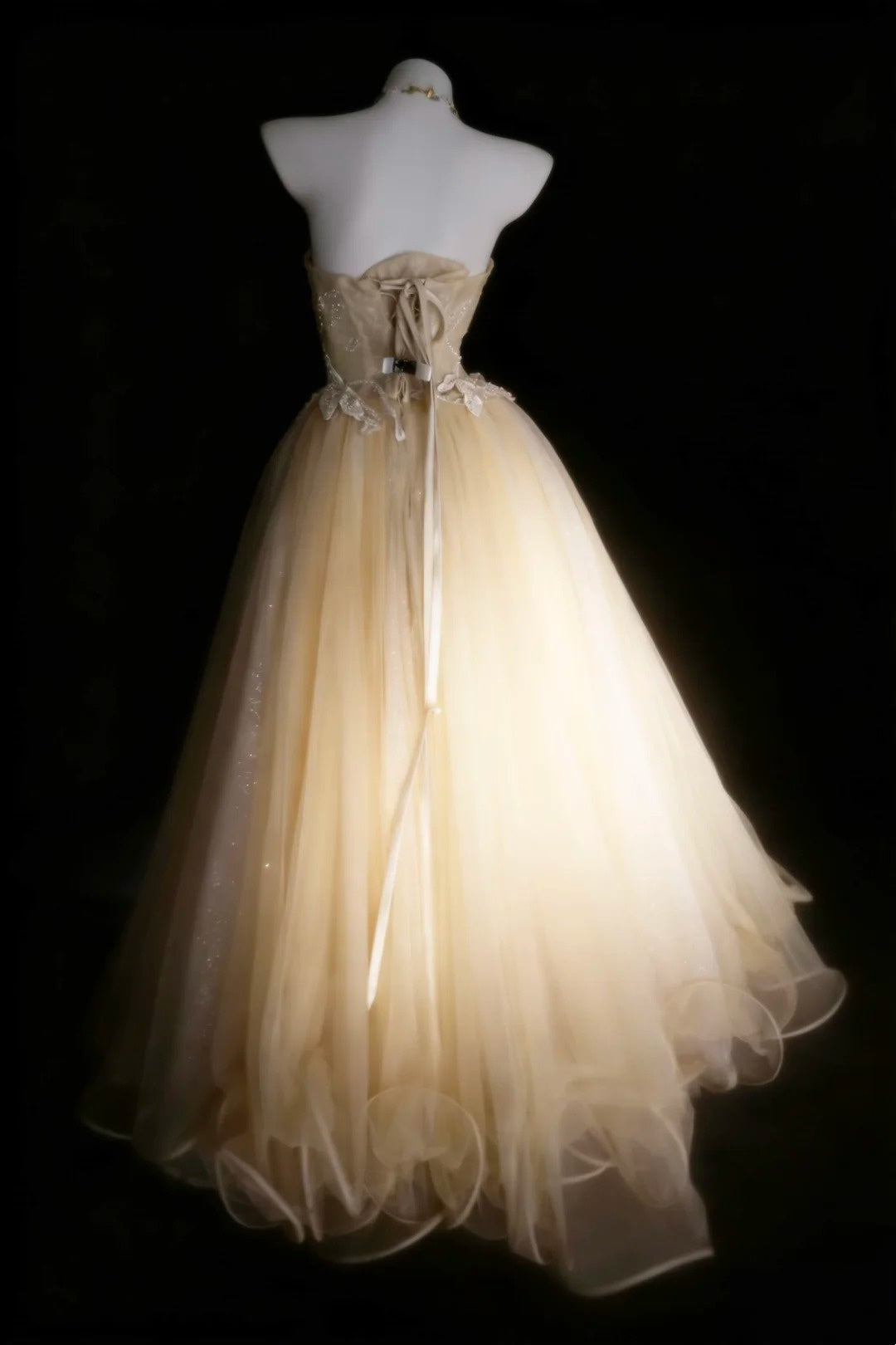 Bescheidene Ballkleider für den Abschlussball, trägerlos, Champagner, Tüll mit Applikationen, langes Quinceañera-Kleid N2973