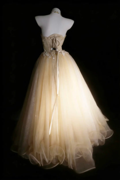 Bescheidene Ballkleider für den Abschlussball, trägerlos, Champagner, Tüll mit Applikationen, langes Quinceañera-Kleid N2973