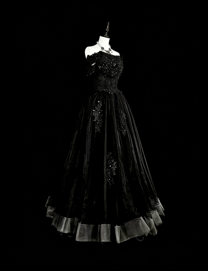 Vintage Prom Dresses Ästhetik 1970er Retro Ballkleid Trägerloses Schwarzes Tüll Langes Abendkleid N2152