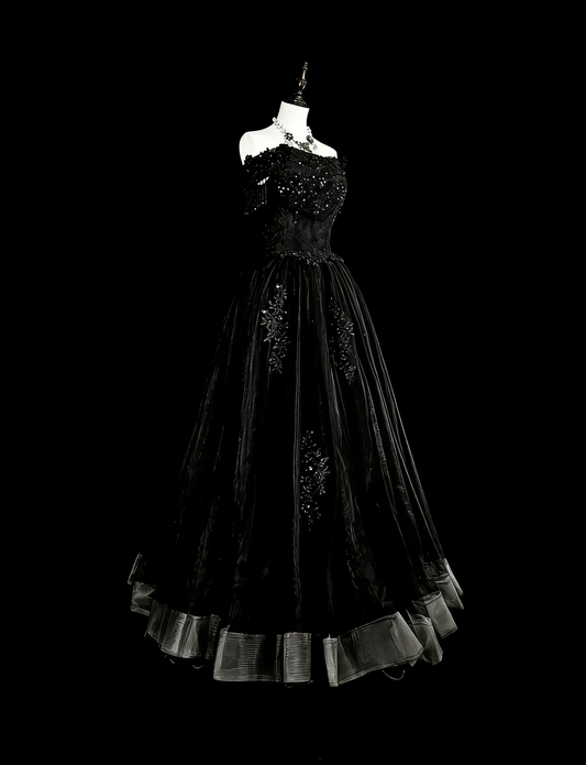 Vintage Prom Dresses Aesthetic 1970s Retro Ball Gown Strapless Black Tulle Long Formal Dress N2152