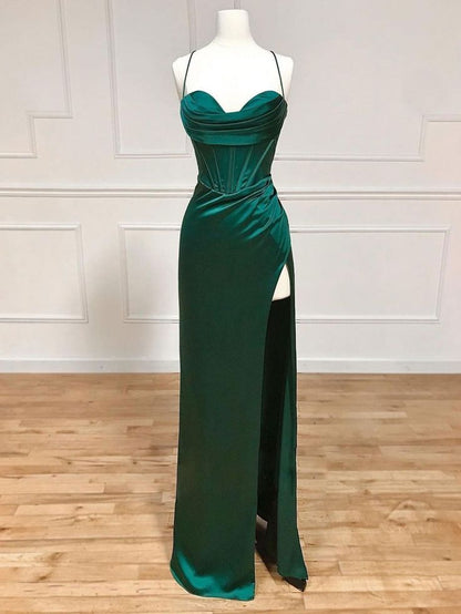 Simple Spaghetti Straps Slit Mermaid Satin Long Prom Dress With Side Slit N1862