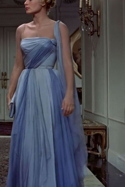 Robe de bal longue en mousseline plissée bleue, asymétrique, style sirène, sans manches, robe de bal inspirée RB1333