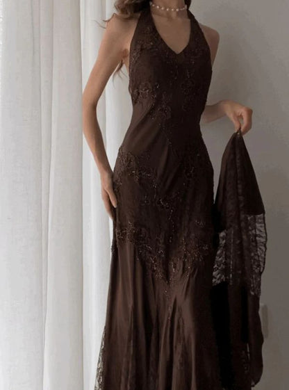 Vintage Mermaid Sleeveless Halter Brown Lace Long Prom Dresses Aesthetic For Senior Teens Party Outfits Prom Gown AB1173