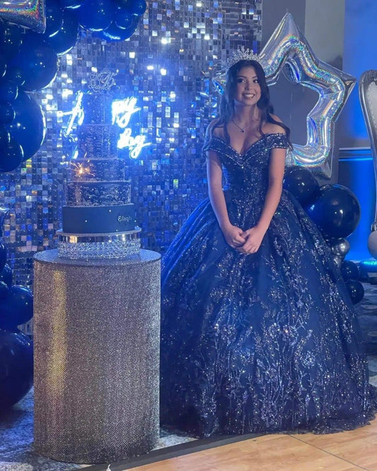 Navy Blue Ball Gown Off The Shoulder Quinceanera Dress Lace Birthday Luxury Dress Sweet 15 16 Birthday Gown AB1723