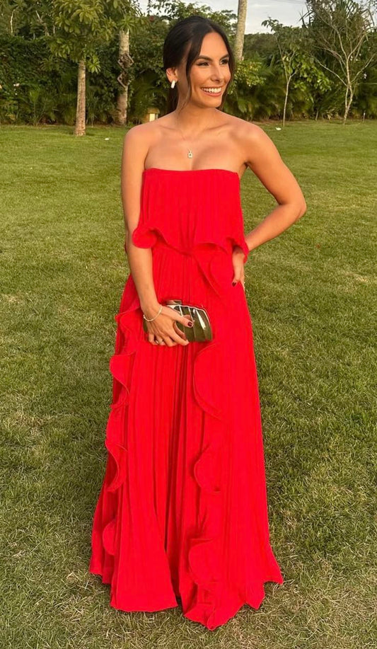 Simple A Line Strapless Red Sleeveless Chiffon Long Prom Dresses Wedding Guest Dress Classy Prom Gowns AB230