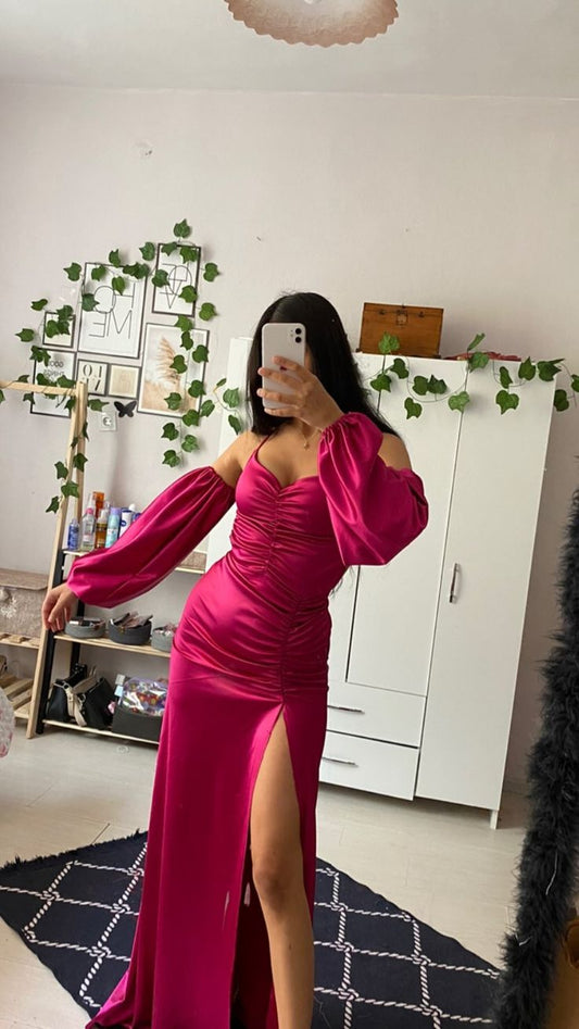 Robe de bal sirène modeste à bretelles spaghetti rose fuchsia en satin fendue, sans manches, longue, robe de soirée formelle AB340