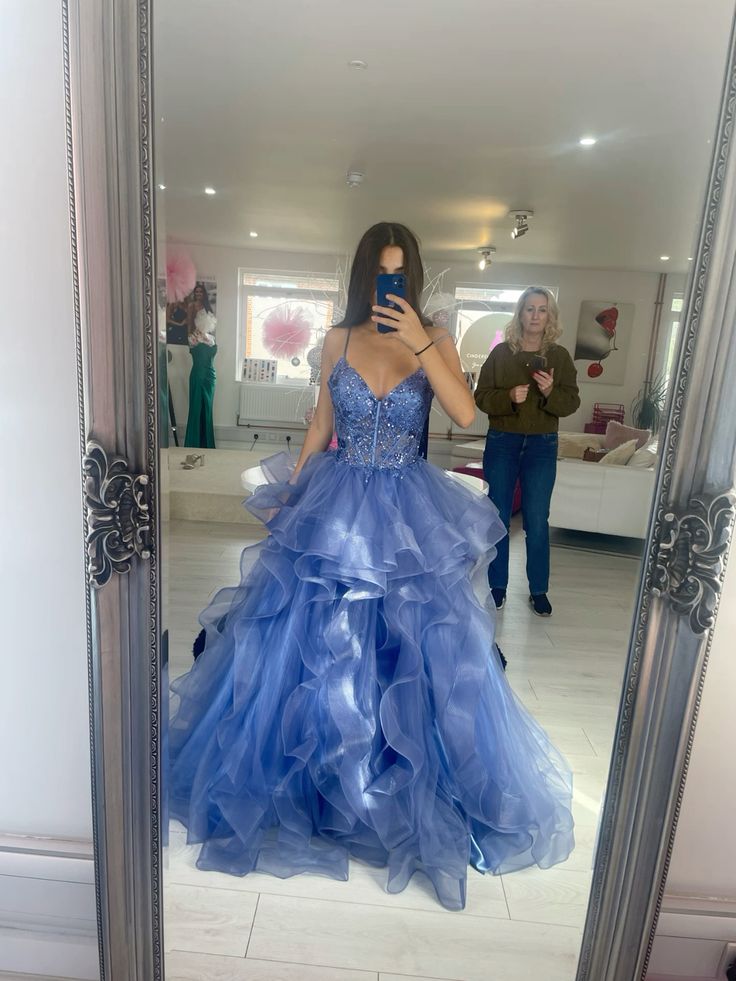Robe de bal élégante, tenue impressionnante, robe de soirée longue bleue à bretelles spaghetti en tulle semi-formelle pour adolescentes et lycéennes AB1974