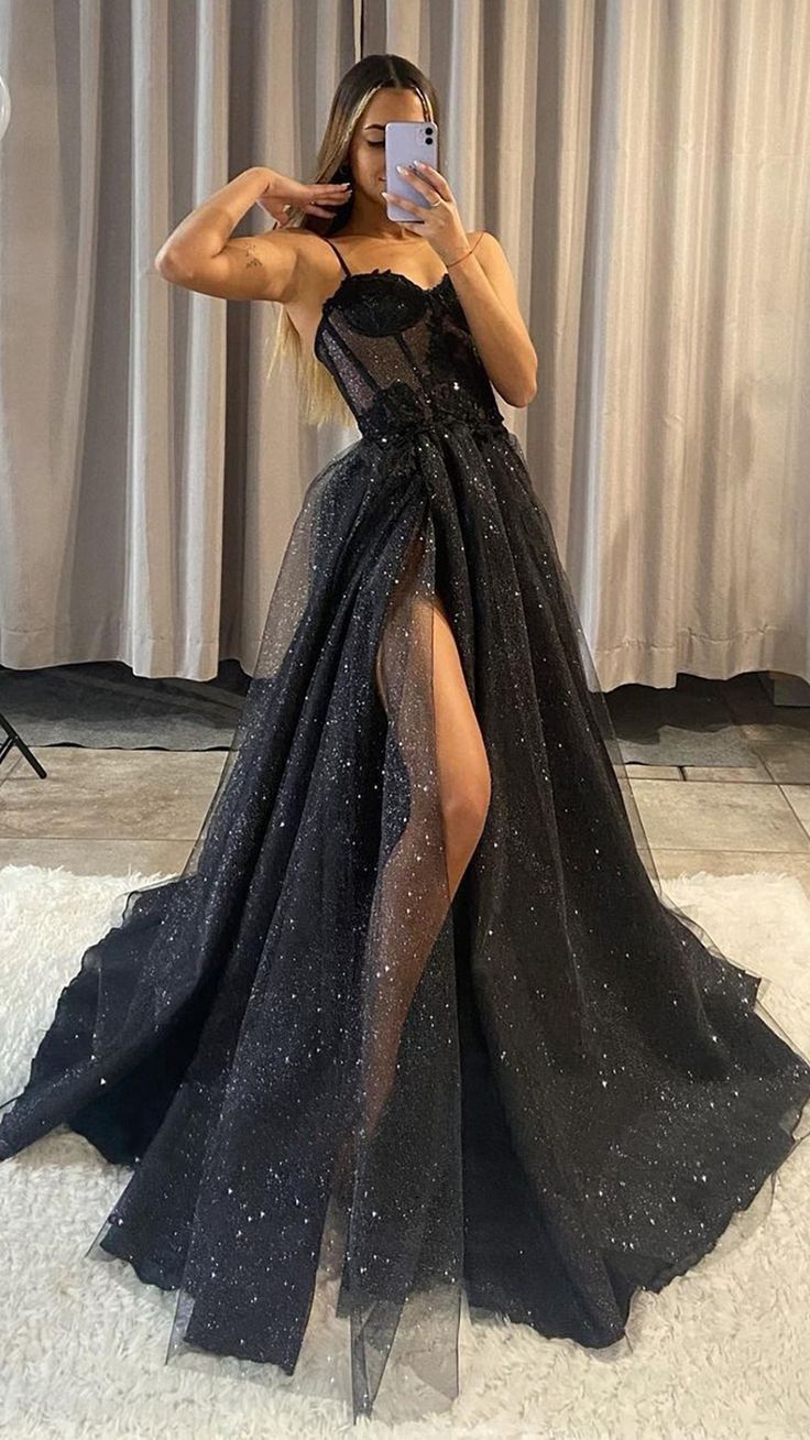 Robe de bal noire, robe de bal bustier sans manches en tulle avec fente sur le devant N799