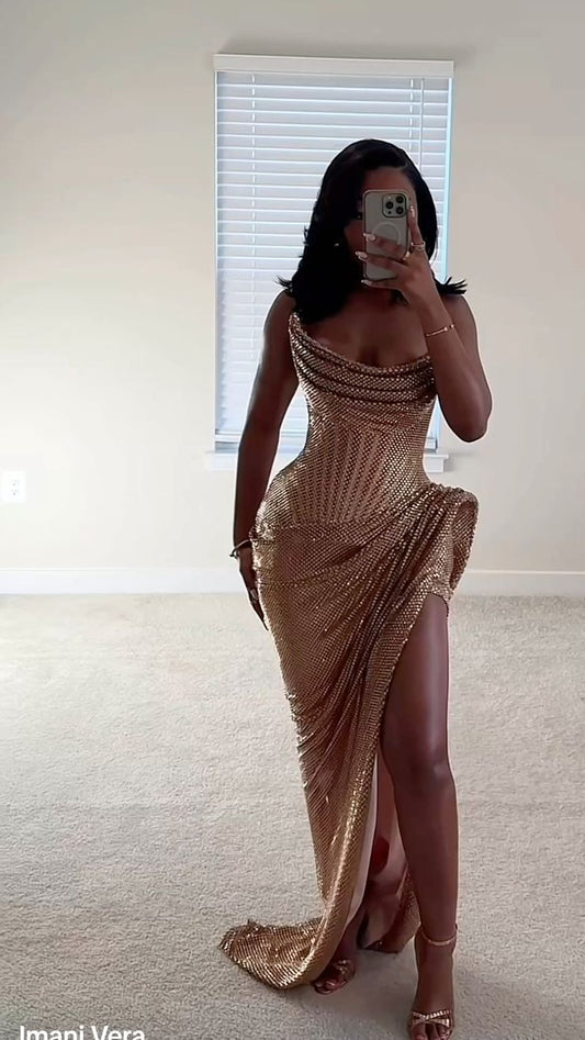 Sparkly Mermaid Strapless Gold Sequin With Ruffled Evening Dresses Night Date Prom Dress Party Outfits AB2543
