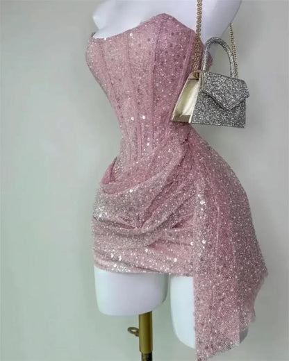 Süßes Etui Trägerloses Pinkes Pailletten-Minikurz-Formelles 8. Klasse Homecoming-Kleid Sommer Mittelschule Hoco Kleid N4736