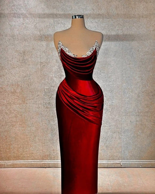 Funkelndes Meerjungfrauen-Abendkleid aus bordeauxrotem Satin mit Perlen, Maxi-Schnitt, figurbetont, ideal für festliche Anlässe und Partys, AB1227
