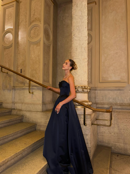 Robe de bal sexy bustier bleu marine en satin, coupe trapèze, avec gants, robe de soirée AB1075