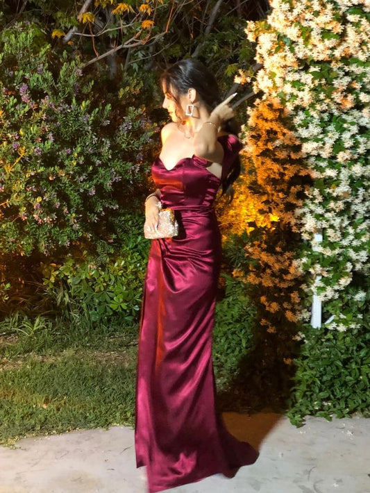 Sexy Meerjungfrauen-Abendkleid aus burgunderrotem Satin mit schulterfreiem Ausschnitt und Ärmeln, AB1076