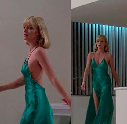 Robe de bal longue vert foncé à fines bretelles spaghetti et fente, style sirène, N033