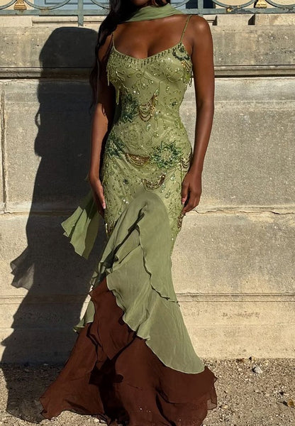 Sexy Ballkleid mit hohem/tiefem Saum, Spaghettiträgern, salbeigrünem Chiffon mit Perlen, halbformelles Abschlussballkleid für Teenager und Gymnasien AB1951