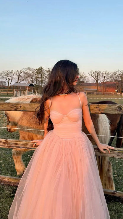 Simple A line Spaghetti Strap Pink Tulle Prom Dresses For Teens Formal Dress Party Outfits Prom Gowns AB1048