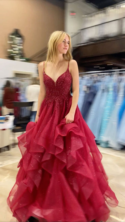 Chic Ball Gown Spaghetti Straps Burgundy Tulle Lace Long Prom Dress Evening Formal Gowns AB462