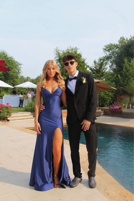 Robe de soirée sirène élégante bleu roi à fines bretelles et fente, moulante, longue, pour femme, idéale pour un bal de promo ou un anniversaire de 16 ans (AB1230)